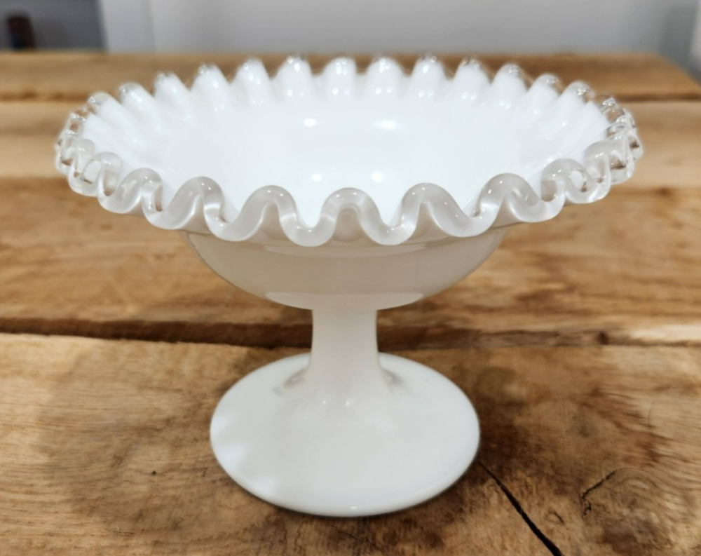 Fenton Silvercrest Ruffled White & Clear Milk Glass Pedestal Compote Vase/Bowl